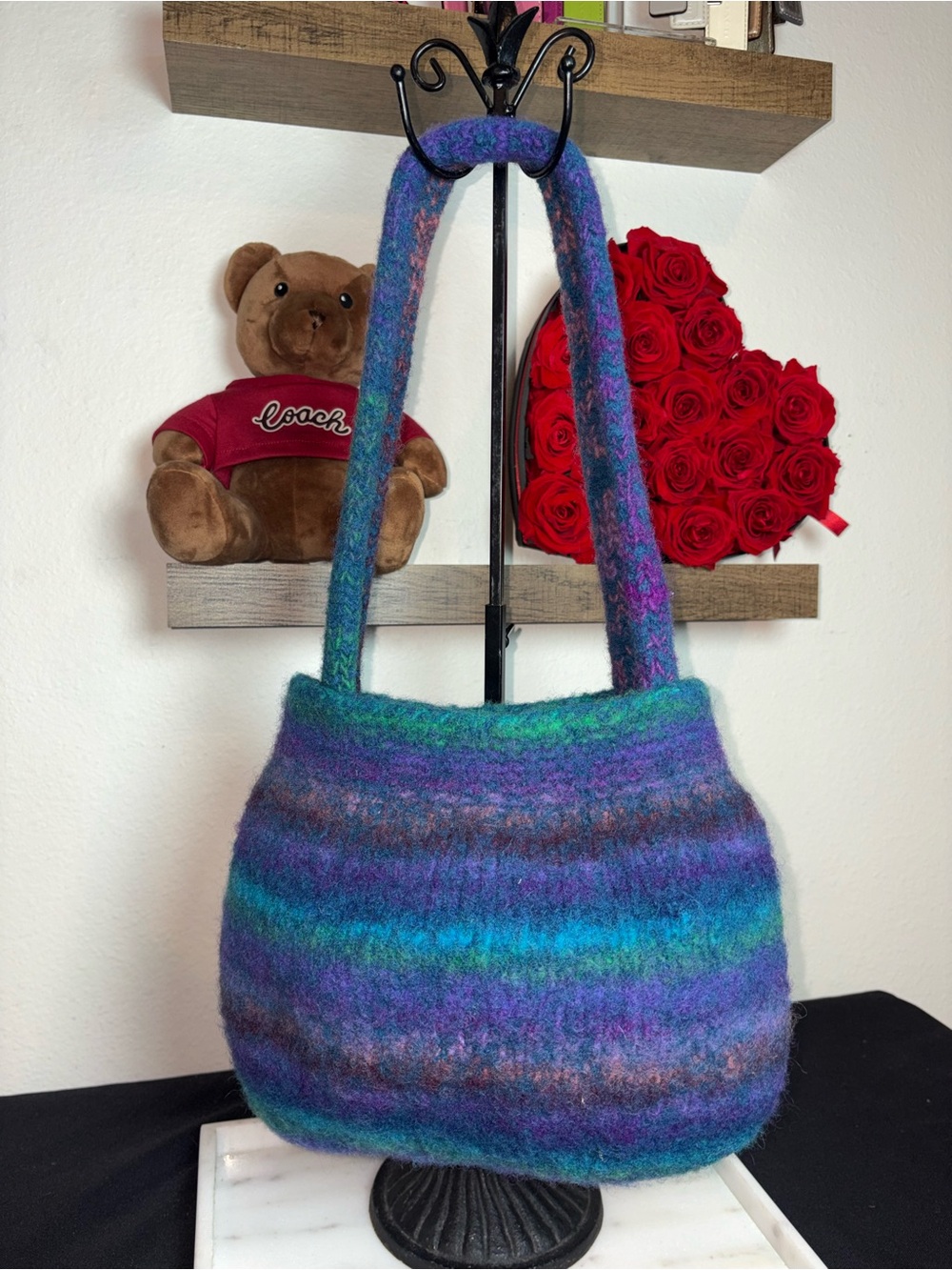 Handcrafted Multicolor Felted Wool Shoulder Bag - Purple & Teal